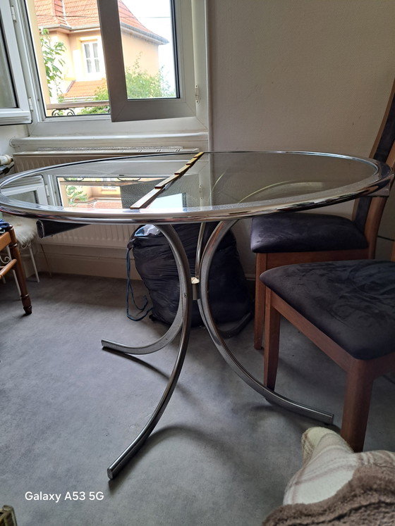Image 1 of Round Table with Legs and Frame, 110cm Diameter Top, 100cm Diameter Glass Top, Smoked Glass Top, Chrome Finish, Smoked Glass