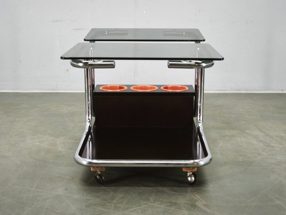 Rare 1970s Space Age Chrome, Smoked Glass and Wood Bar Cart – Metal (photo 11 of 14)