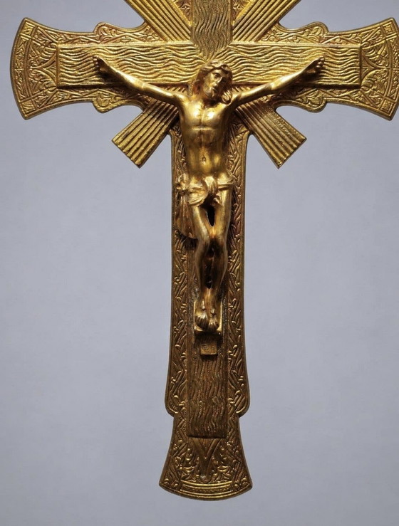 Bellissimo Crocifisso Art Déco Francese Antico - Ottone / Bronzo, Oggetti decorativi, Dorato (foto 2 di 6)