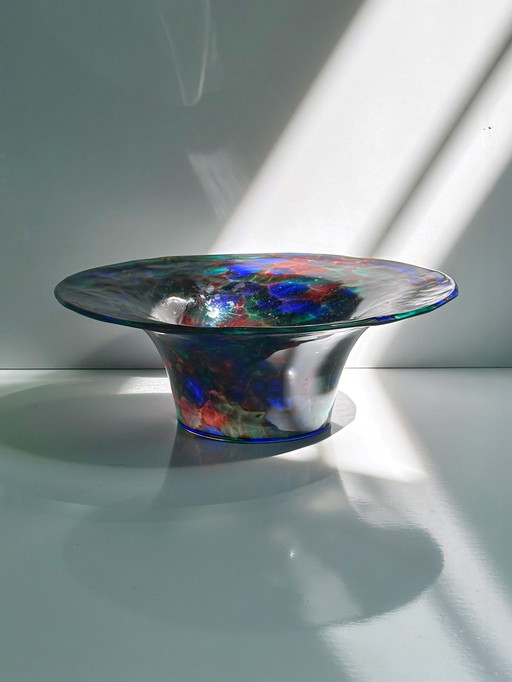 Vintage Vase de Bohème Coupe Rouge Vert Bleu Coupe à fruits 1980 Swirl Verre Bleu Lourd CZ Space Age Sputnik Galaxy