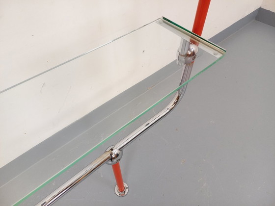 Image 1 of Modular Bauhaus-style vintage bookcase in red metal, chrome and glass from the 1970s
