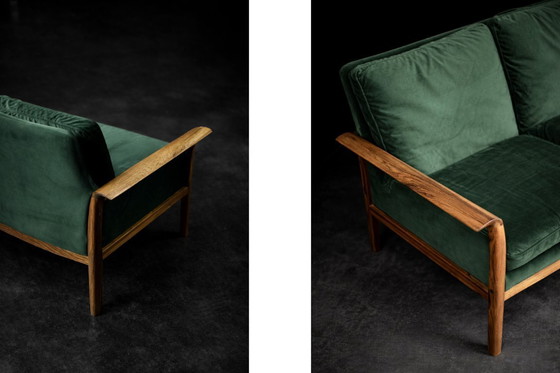Image 1 of Divano e sedia vintage in palissandro norvegese e velluto verde bottiglia di Knut Sæter per Vatne Møbler, anni '60, set di 2