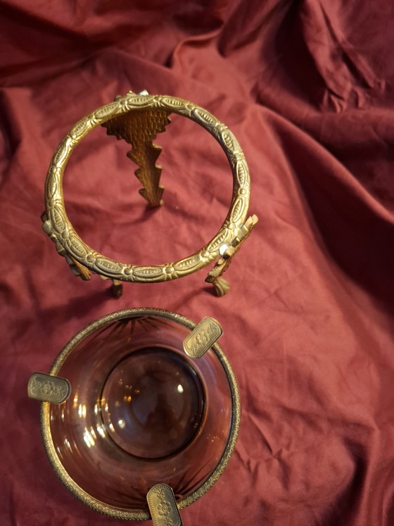 Image 1 of Vintage Mid-Century Amber Glass & Brass Set – 23cm Sunburst Trumpet Vase & 18cm Hollywood Regency Sunflower Ashtray Stand