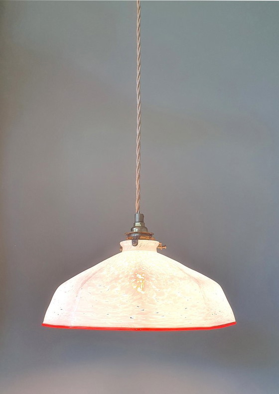 Image 1 of lampada a sospensione esagonale vintage - vetro opalino - paralume bianco marmorizzato