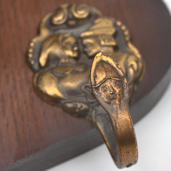 Image 1 of Vintage authentic antique coat rack with embossed scene, hat shelve clothing hanger hallway eye-catcher 32.68 inch 83 cm