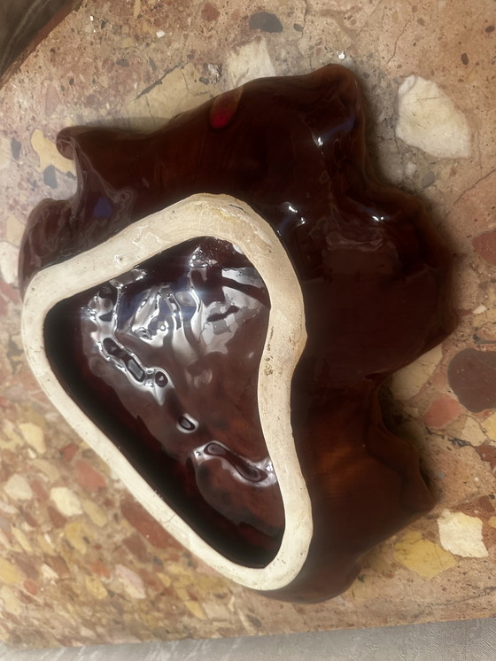 Image 1 of Vintage keramische fruitschaal of zaklepel Barbotine in blad toegeschreven aan Vallauris - 35/40 cm