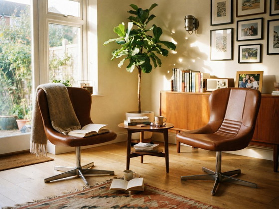 Image 1 of Een paar draaibare fauteuils uit de jaren 60/70 in bruin kunstleer en verchroomd metaal, vintage stoelen in de stijl van het mid