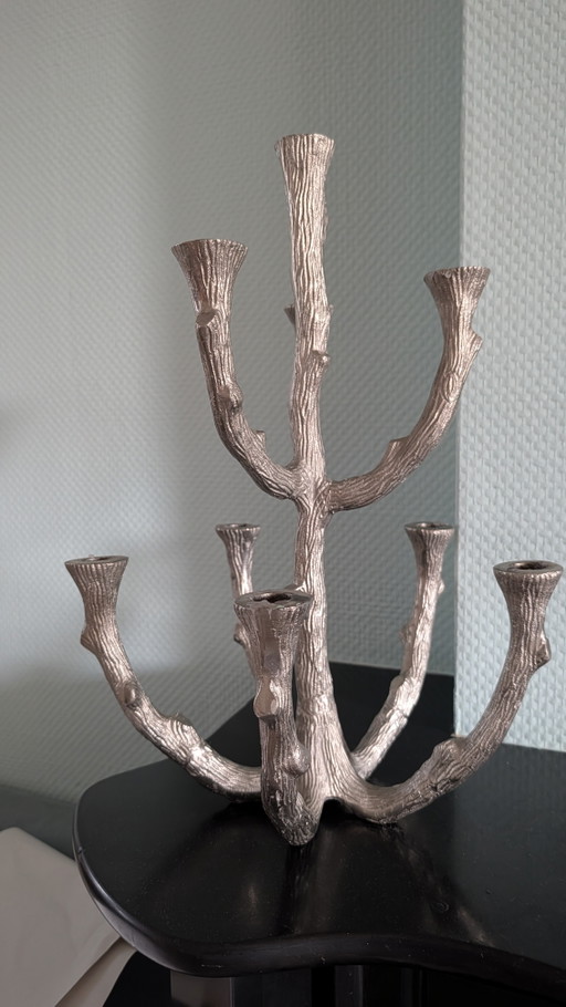 Candeliere a forma di tronco d'albero color argento per 7 candele - vintage