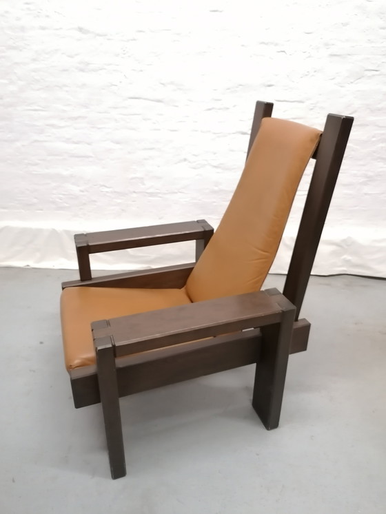 Image 1 of Brutalist style armchair, wood and leather, 70s