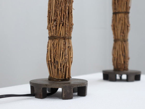 Image 1 of Paar italienische dekorative Tischlampen aus den 1970er Jahren, Raphia & Pergament