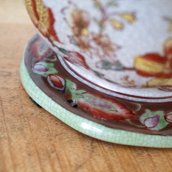 Image 1 of Bonbonnière cinese vintage in ceramica a forma di melone/zucca con motivi floreali