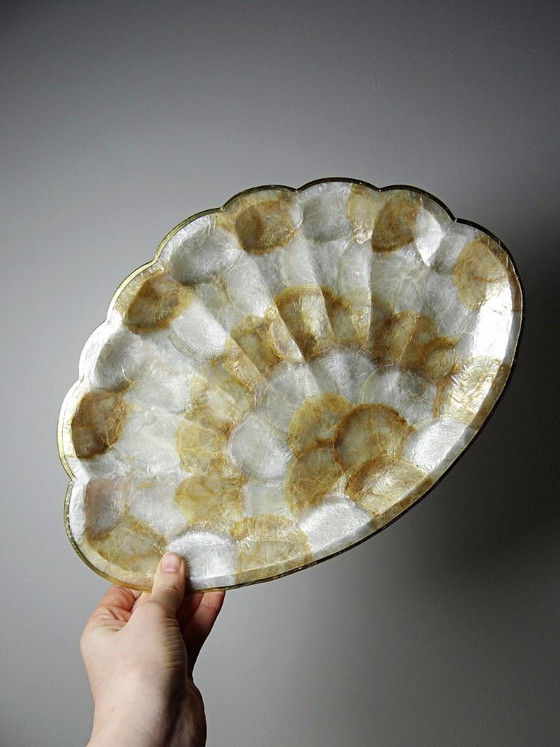 Image 1 of Large vintage mother-of-pearl and brass shell-shaped tray or catchall