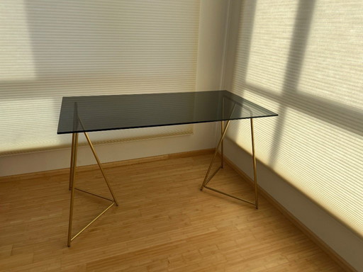 MADE  black smokey glass desk with golden metal legs