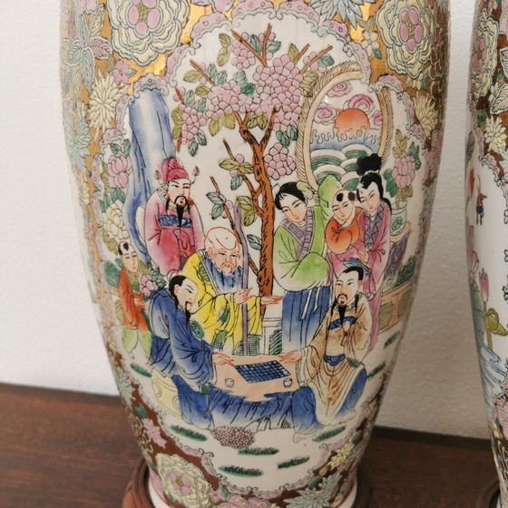 Image 1 of Set di 3 vasi orientali vintage, vasi a balaustra, porcellana Canton