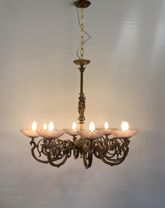Image 1 of Vintage Murano glass chandelier by Seguso, signed in bronze and brass.