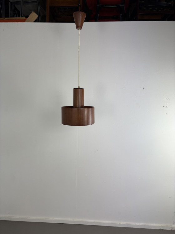 Image 1 of Temde Leuchten teak wood wooden veneer & plexiglas acrylic pendant hanging light lamp mid century modern 1970s seventies Swiss
