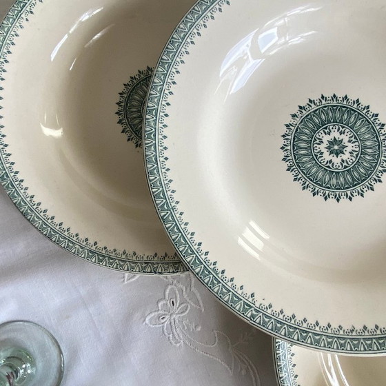 Image 1 of Set aus 6 antiken Creil- und Montereau-Suppentellern aus Steingut, englisches grünes Service