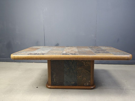 Oak and stone brutalist coffee table, 1970s
