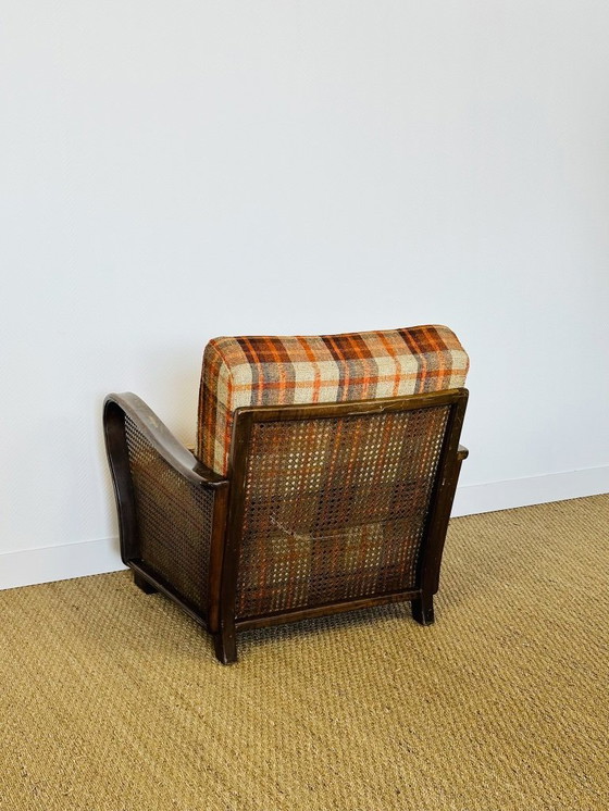 Image 1 of Vintage fauteuil van gebogen hout, rieten frame en geruite stof, 1960