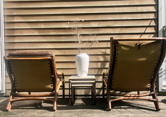 Image 1 of Ensemble vintage de fauteuils en bambou 1970 avec coussin en cuir