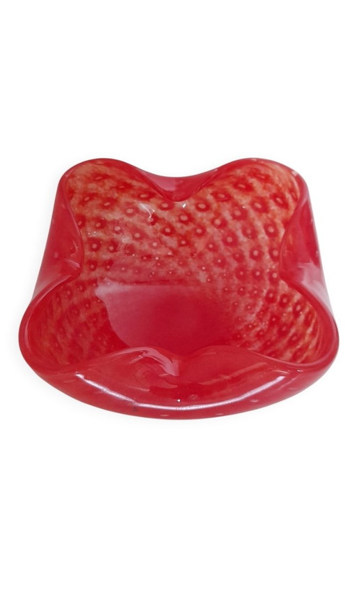 Murano glass trinket tray, red bullicante, signed