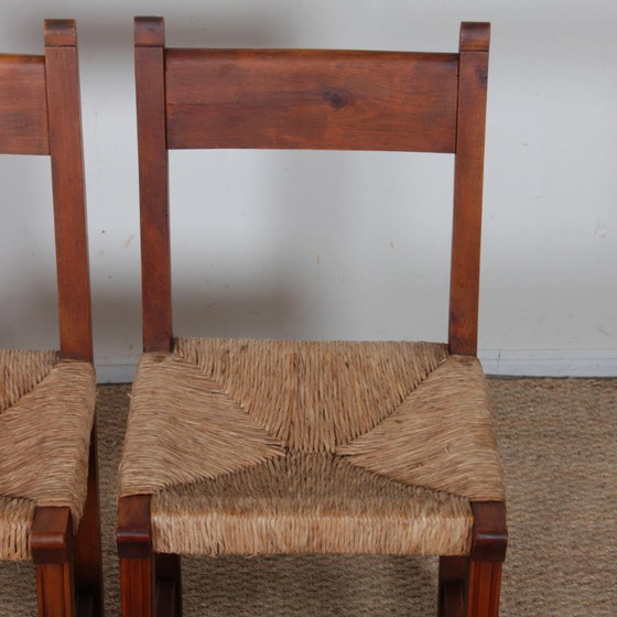 Image 1 of Set of 6 straw-seated wooden chairs, French work, 1950