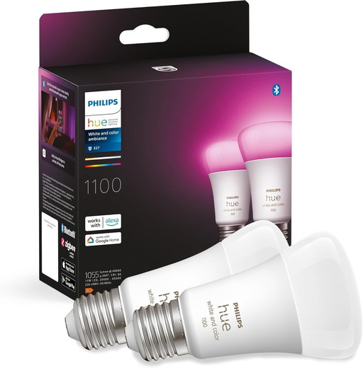 Philips Hue White & Color Ambiance, ampoule LED connectée E27,Equivalent 75W, 1100 lumen, Compatible Bluetooth, Pack de 2, fonct