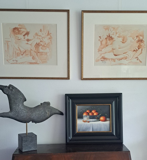 Image 1 of stilleven met sinaasappelen in zilveren schaal
