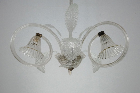 Image 1 of Art Deco Murano Glass Three-Arm Chandelier, Italy, 1940s