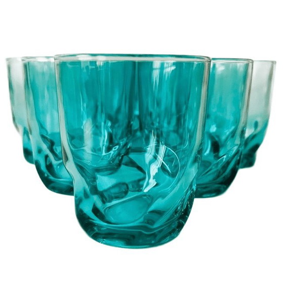 Image 1 of Vintage set of 8 twisted glasses turquoise blue Luminarc Arcoroc 1970s