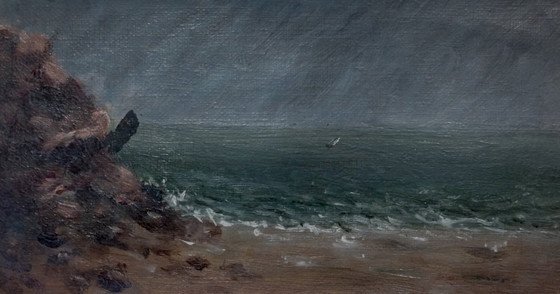 Image 1 of Voilier sous la pluie - Petite marine encadrée.