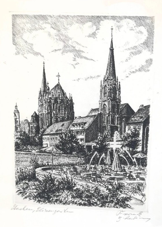 Image 1 of (W012) Original Radiation Friedrich Kätner – Aachen Elisenbrunnen / Elisengarten with Cathedral, framed