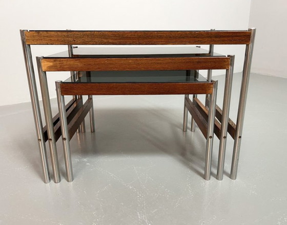 Image 1 of Fristho Mid-Century Dutch Design Nesting Tables with Smokey Glass Top and Wenge with Chrome Base, Set of 3, 1960s.