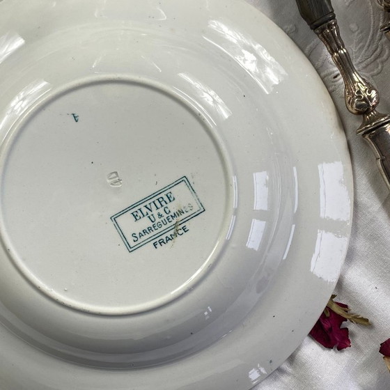 Image 1 of Set of 6 antique Sarreguemines ironstone soup plates, Elvire pattern, green and blue