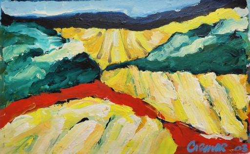 Jan Cremer - Toscaans landschap, olieverf op dik papier (mooi ingelijst, groot!)