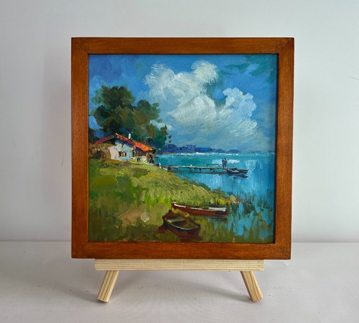 Original Oil Painting Coastal House Landscape House near the river