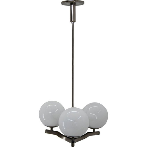 Vintage functionalist nickel-plated three-flame chandelier by Ias, 1930