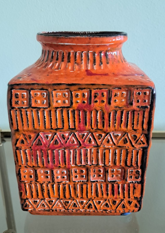 Image 1 of Vintage vase BAY ceramic red orange rectangle