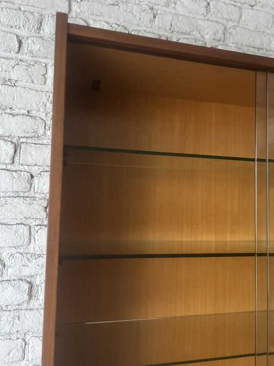 Wall display cabinet with glass sliding doors, brown wood, Mid Century Modern (photo 7 of 14)