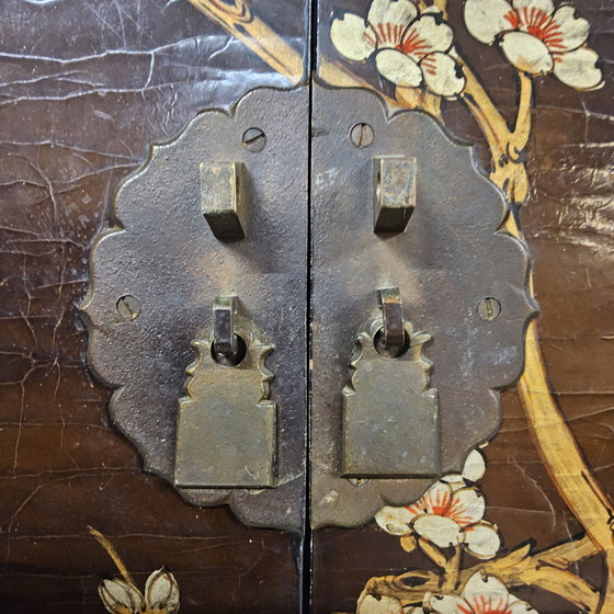 Image 1 of Vintage Chinese cabinet birds & flowers, red & gold (bohemian) Asian cabinet