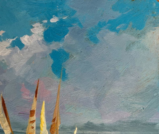 Image 1 of Original Oil Painting: Boat on Sea - Sailboats at Sea