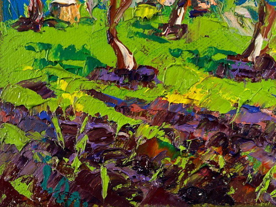 Image 1 of Original Oil Painting Day Village Landscape Spring awakens in light
