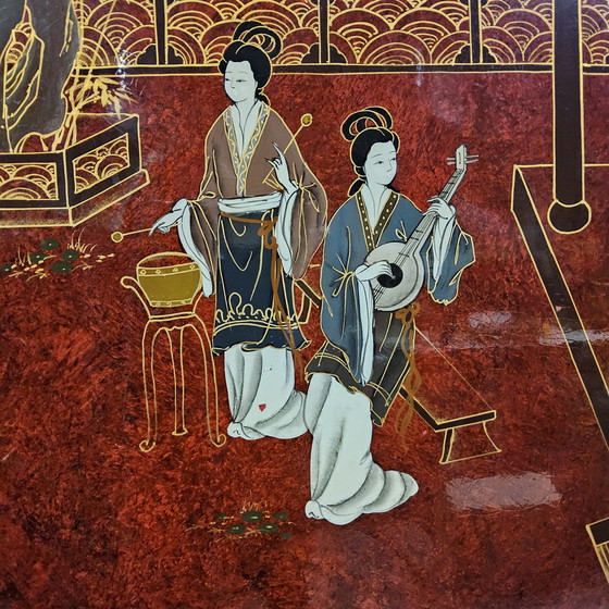 Image 1 of Mobile cinese d'epoca rosso e oro / scena tradizionale / signore in giardino cinese (mobile bohémien, mobile orientale)