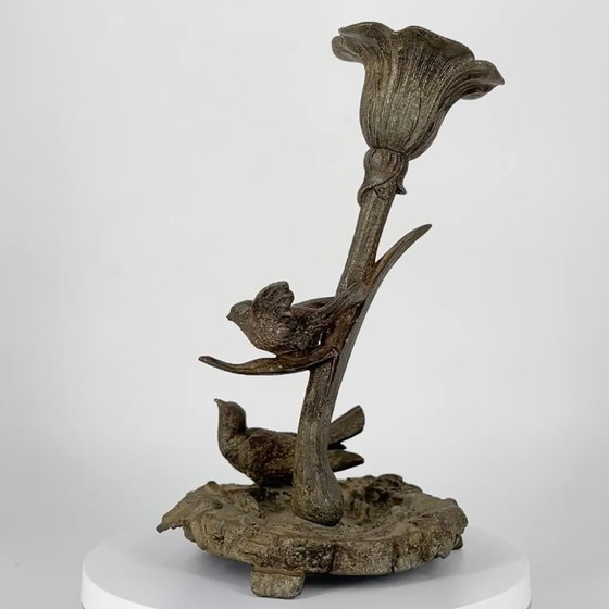 Image 1 of Antiker figürlicher Kerzenleuchter mit Vögeln, Zinkguss, um 1880–1900