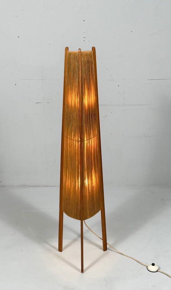 Image 1 of Lampada da terra di metà secolo, sisal/teak, Temde, Svizzera, anni '60