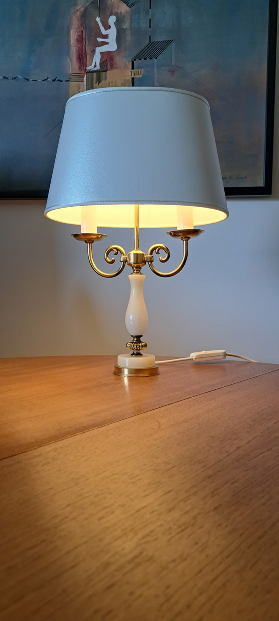 Image 1 of Vintage Brass Table Lamp with White Shade – Hollywood Regency Style