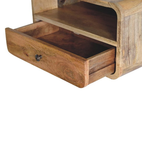 Image 1 of Mesita de noche flotante grande con cajón en madera maciza de mango con aspecto de roble.