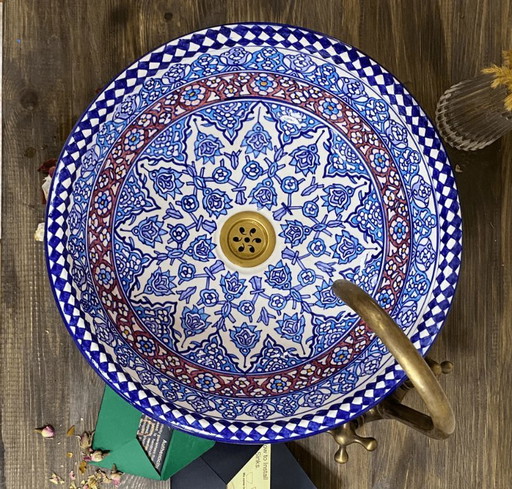Lavandino in mosaico blu - Ciotole in ceramica marocchina dipinte a mano 45x35cm