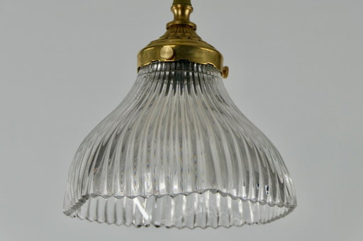 Lámpara colgante francesa vintage Holophane de cristal acanalado