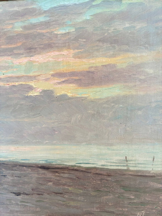 Image 1 of Peinture à l'huile originale vintage représentant une marine, signée, art de plage